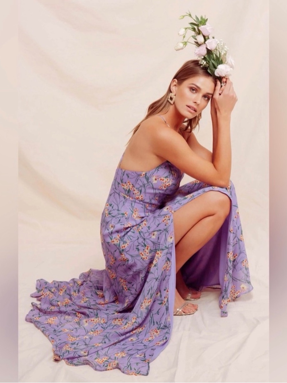 ASTR The Label Pandora Floral Maxi Dress Size Large Purple Yellow Slit Wedding - Picture 2 of 14